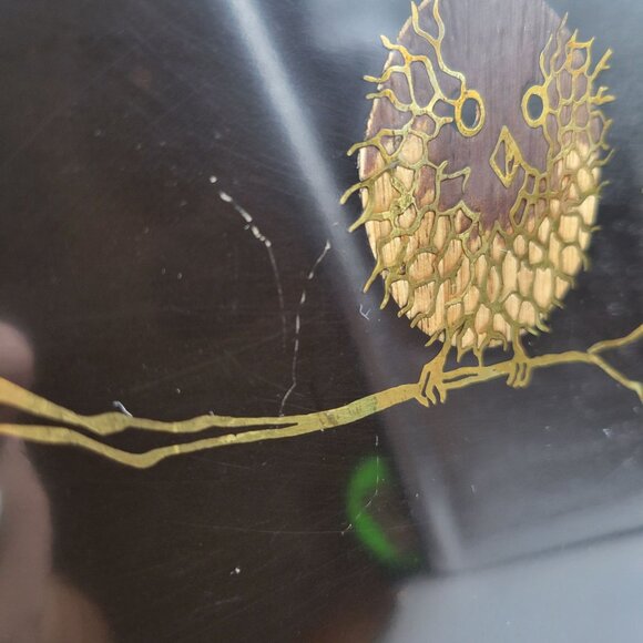 Couroc Puffy Owls on Branch Rectangular Tray Hand Inlaid Wood Spikey Birds - Picture 7 of 7